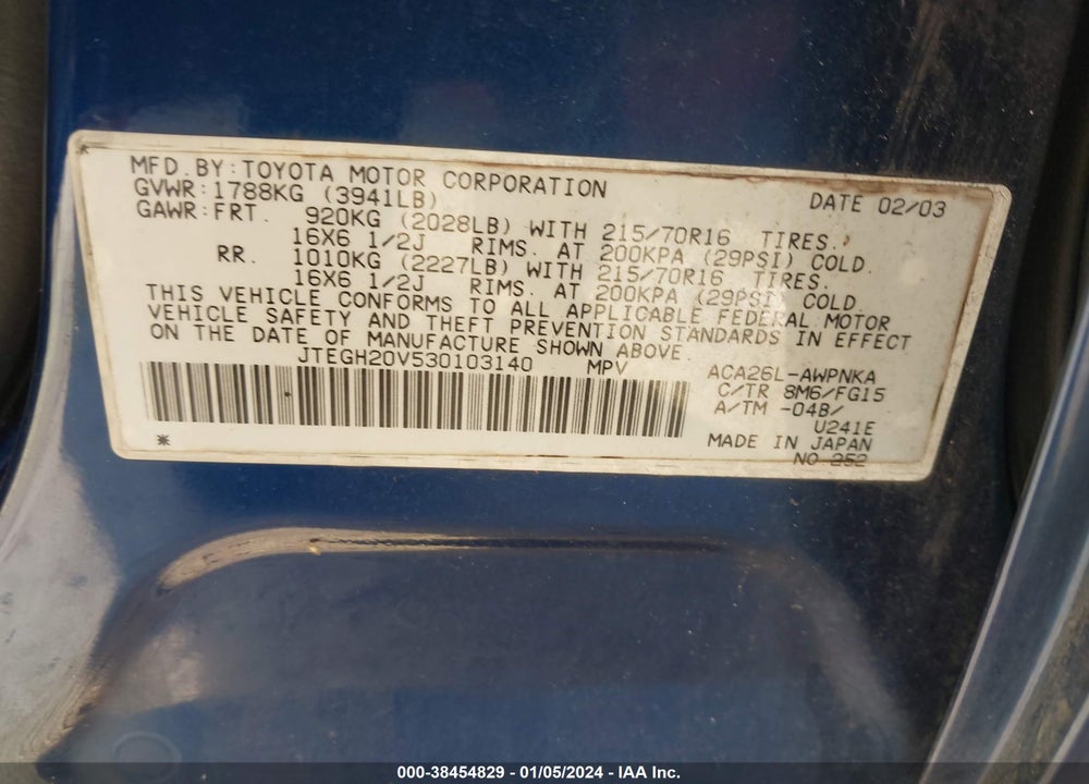 2003 TOYOTA RAV4 BASE (A4) VIN: JTEGH20V530103140