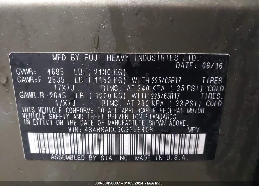 2016 SUBARU OUTBACK 2.5I PREMIUM VIN: 4S4BSADC9G3358408