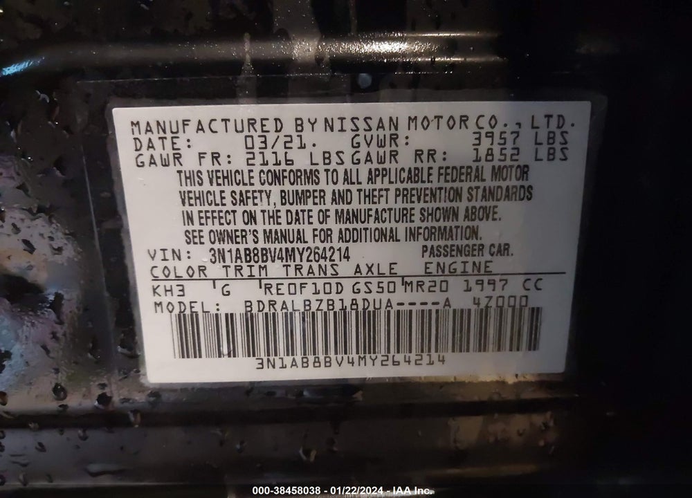 2021 NISSAN SENTRA S XTRONIC CVT VIN: 3N1AB8BV4MY264214