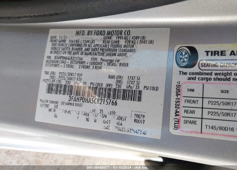 2012 FORD FUSION SE VIN: 3FAHP0HA5CR215766