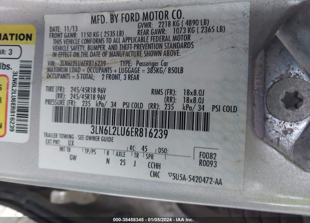 2014 LINCOLN MKZ HYBRID VIN: 3LN6L2LU6ER816239