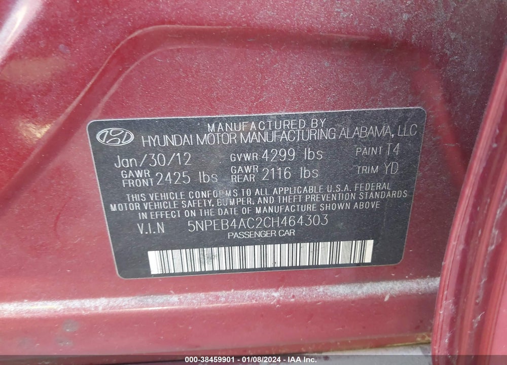 2012 HYUNDAI SONATA GLS VIN: 5NPEB4AC2CH464303