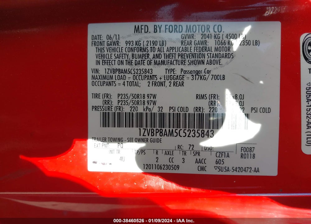 2012 FORD MUSTANG V6 PREMIUM VIN: 1ZVBP8AM5C5235843
