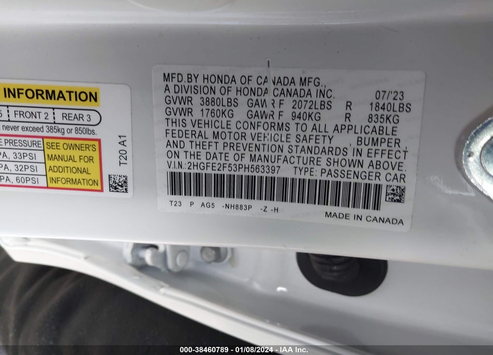 2023 HONDA CIVIC SPORT VIN: 2HGFE2F53PH563397