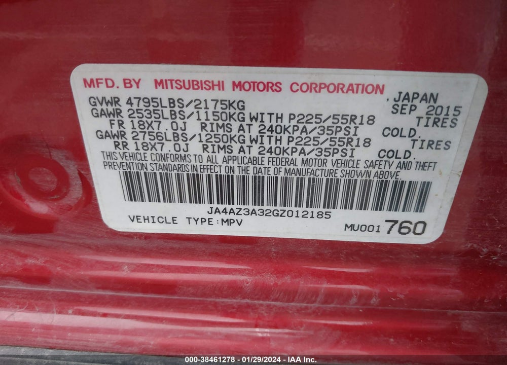2016 MITSUBISHI OUTLANDER VIN: JA4AZ3A32GZ012185