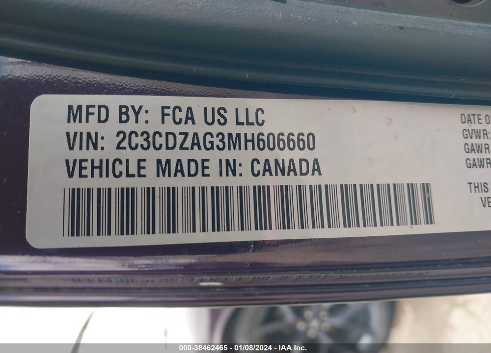2021 DODGE CHALLENGER VIN: 2C3CDZAG3MH606660