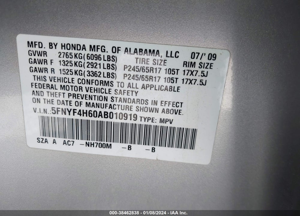2010 HONDA PILOT EX-L VIN: 5FNYF4H60AB010919