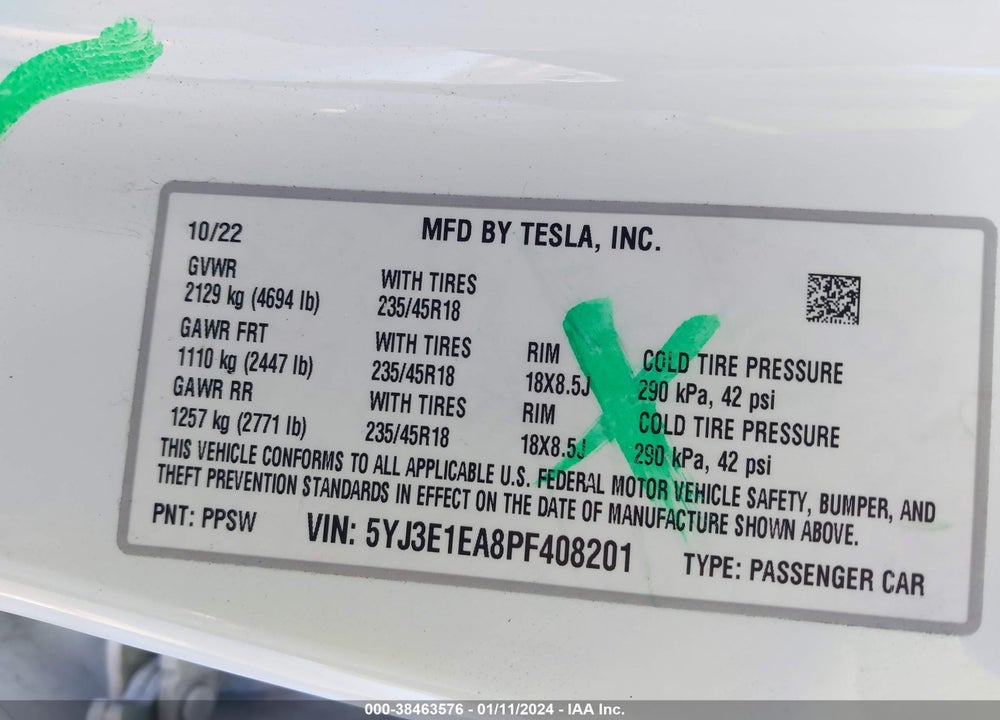 2023 TESLA MODEL 3 REAR-WHEEL DRIVE VIN: 5YJ3E1EA8PF408201