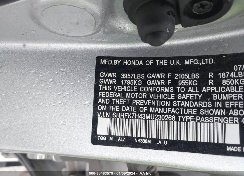 2021 HONDA CIVIC SPORT VIN: SHHFK7H43MU230268