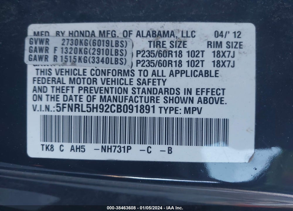 2012 HONDA ODYSSEY TOURING/TOURING ELITE VIN: 5FNRL5H92CB091891