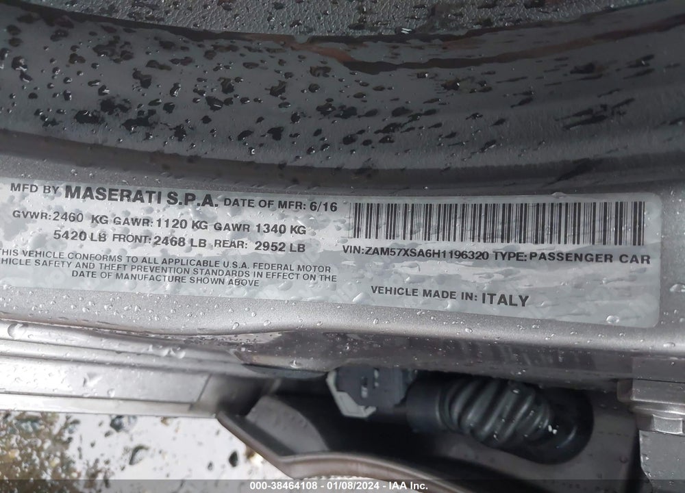 2017 MASERATI GHIBLI VIN: ZAM57XSA6H1196320