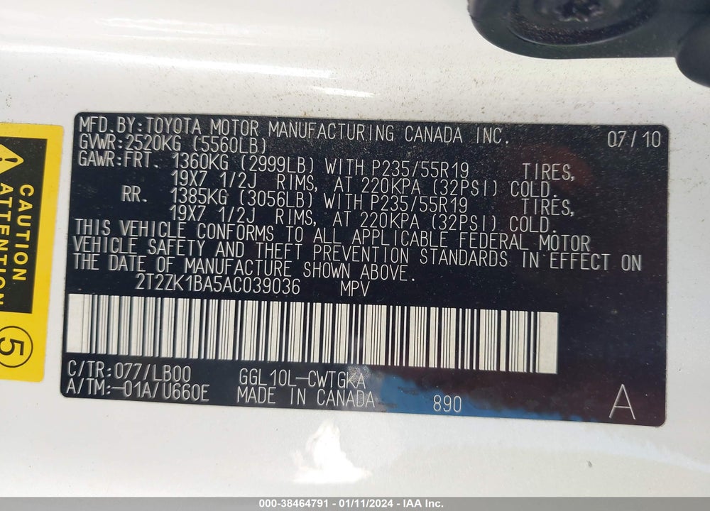 2010 LEXUS RX 350 VIN: 2T2ZK1BA5AC039036