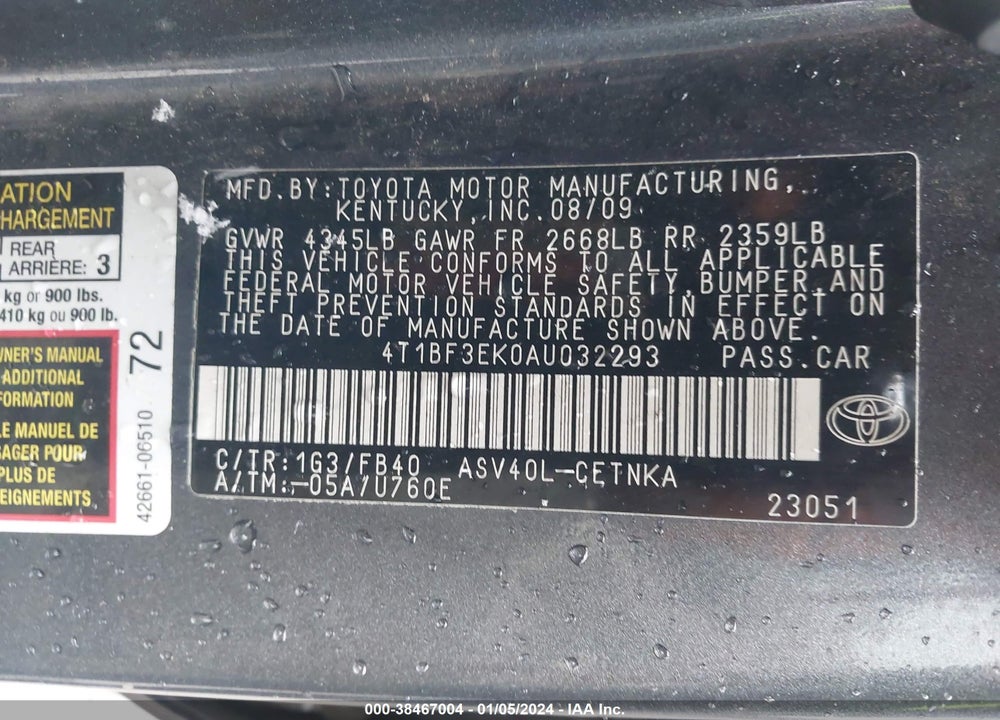 2010 TOYOTA CAMRY VIN: 4T1BF3EK0AU032293