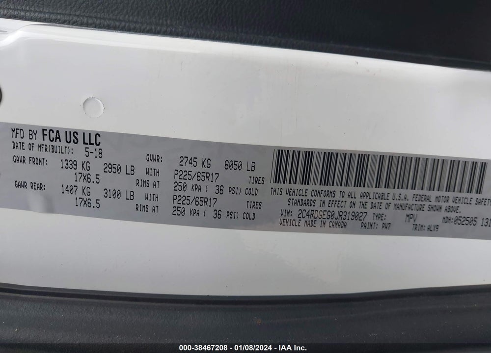 2018 DODGE GRAND CARAVAN GT VIN: 2C4RDGEG0JR319027