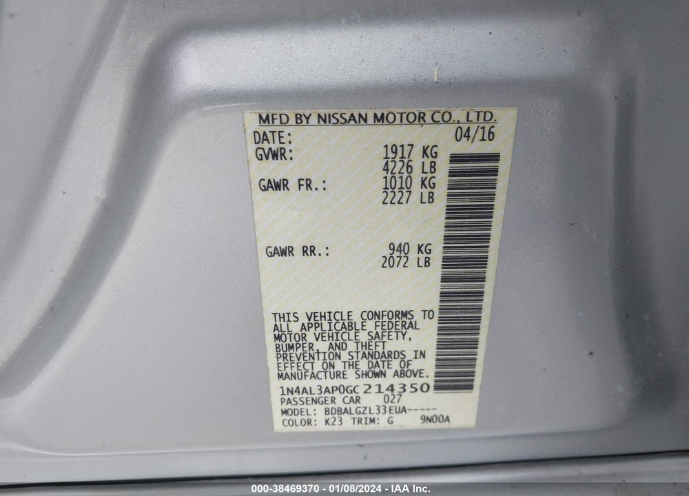 2016 NISSAN ALTIMA 2.5/2.5 S/2.5 SL/2.5 SR/2.5 SV VIN: 1N4AL3AP0GC214350