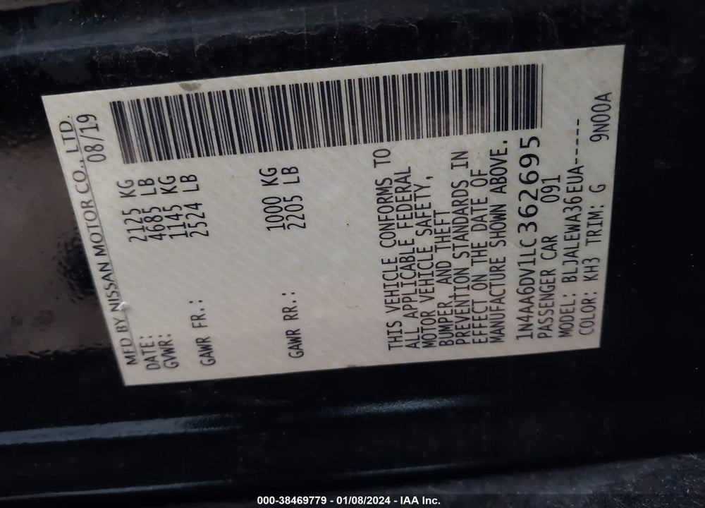 2020 NISSAN MAXIMA VIN: 1N4AA6DV1LC362695