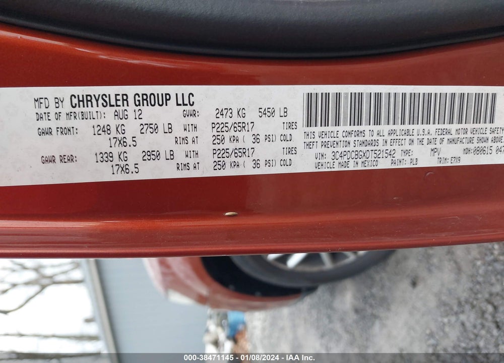 2013 DODGE JOURNEY SXT VIN: 3C4PDCBGXDT521542