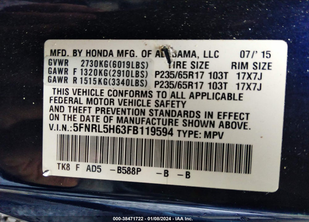 2015 HONDA ODYSSEY EX-L VIN: 5FNRL5H63FB119594