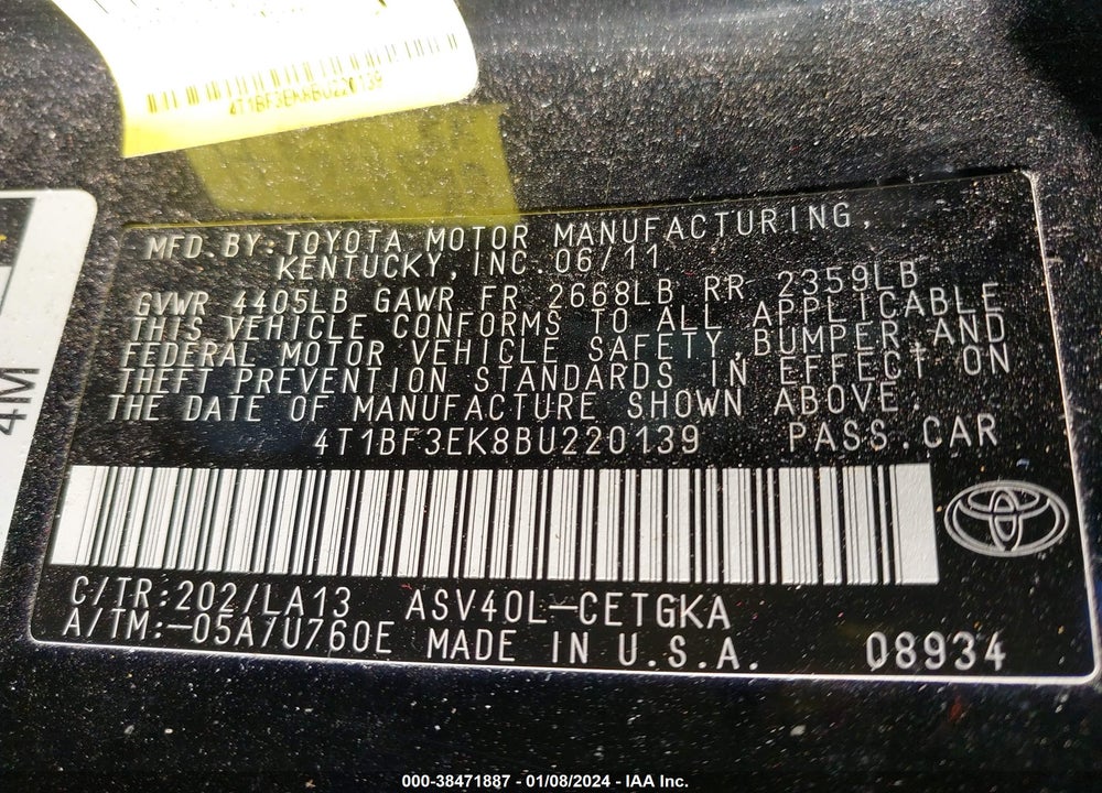 2011 TOYOTA CAMRY XLE VIN: 4T1BF3EK8BU220139