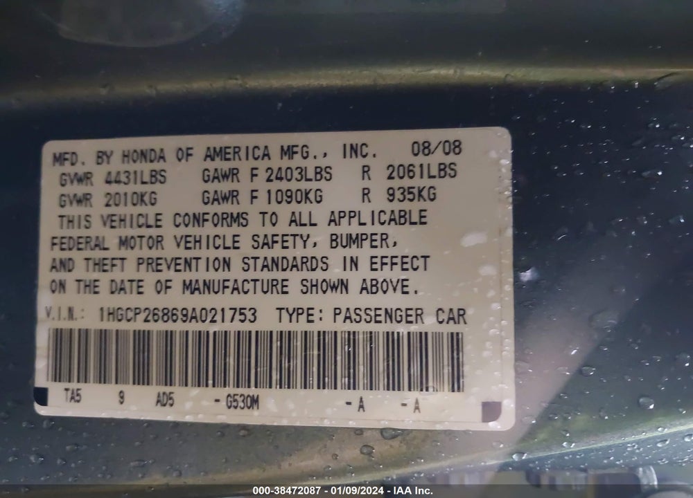 2009 HONDA ACCORD 2.4 EX-L VIN: 1HGCP26869A021753
