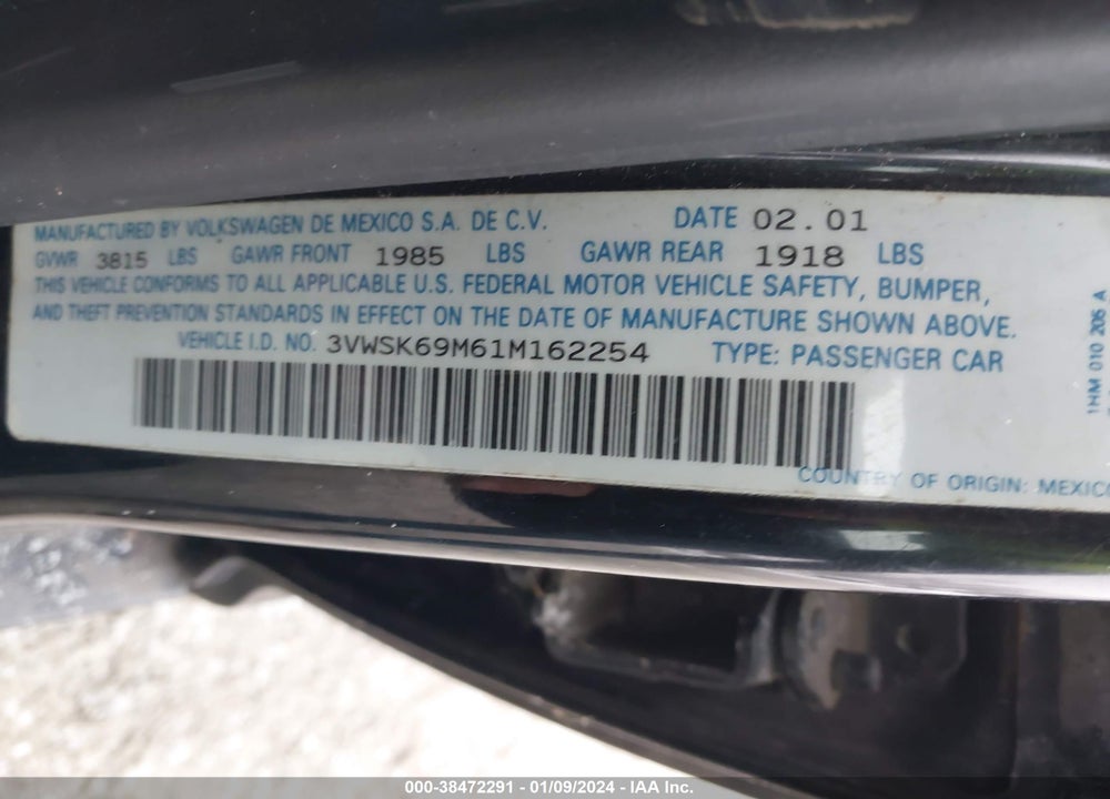 2001 VOLKSWAGEN JETTA GLS VIN: 3VWSK69M61M162254