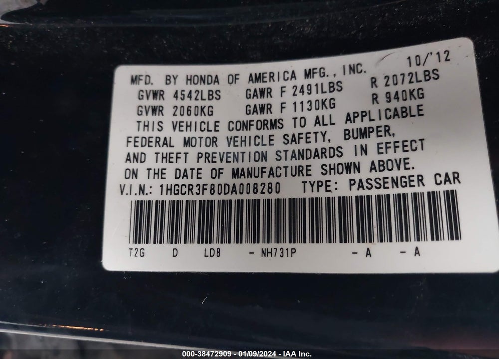 2013 HONDA ACCORD EX-L V-6 VIN: 1HGCR3F80DA008280