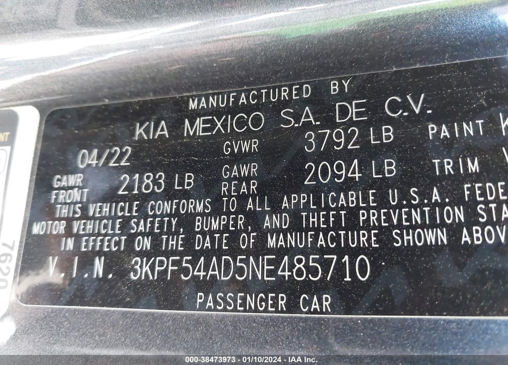 2022 KIA FORTE GT LINE VIN: 3KPF54AD5NE485710