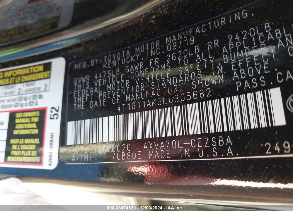 2020 TOYOTA CAMRY VIN: 4T1G11AK5LU305682