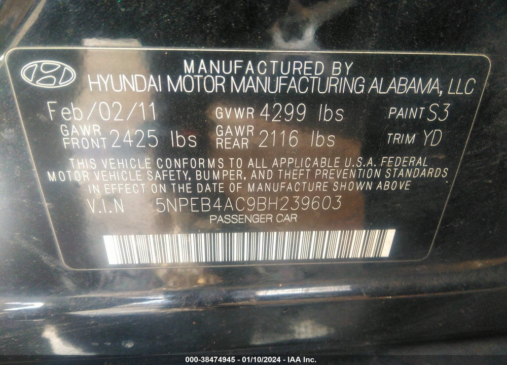 2011 HYUNDAI SONATA VIN: 5NPEB4AC9BH239603