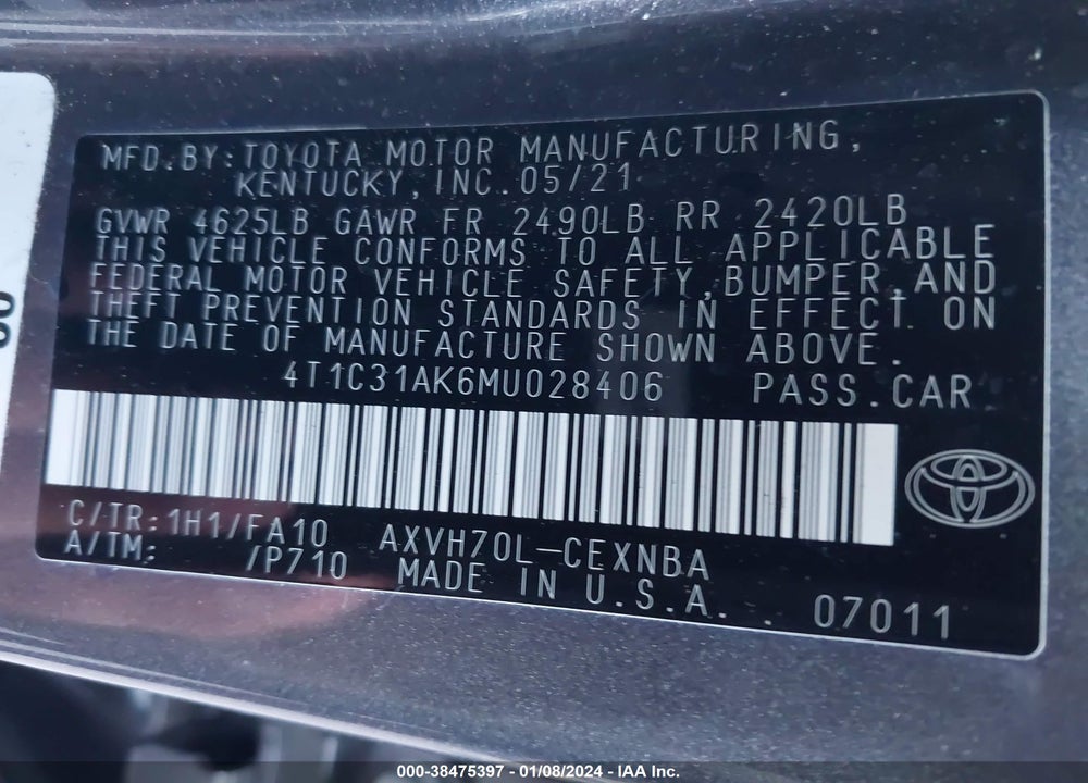 2021 TOYOTA CAMRY LE HYBRID VIN: 4T1C31AK6MU028406