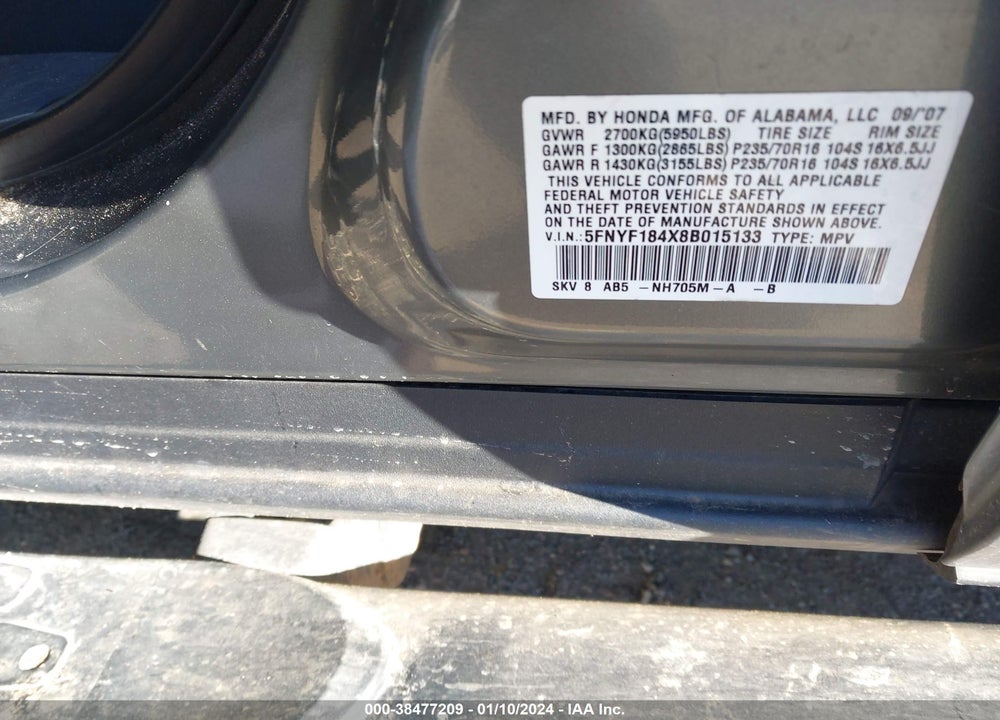 2008 HONDA PILOT VIN: 5FNYF184X8B015133