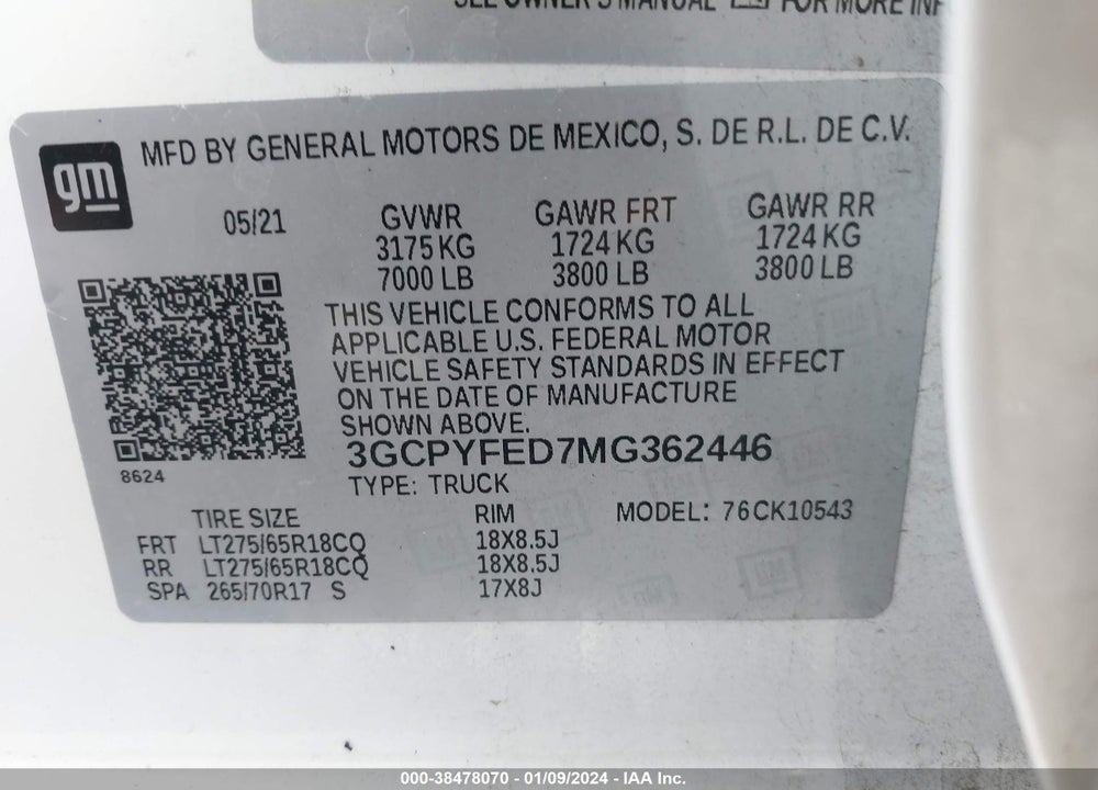 2021 CHEVROLET SILVERADO 1500 4WD SHORT BED LT TRAIL BOSS VIN: 3GCPYFED7MG362446