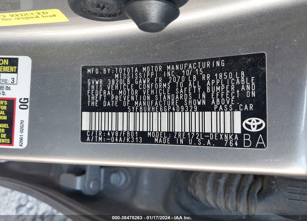 2016 TOYOTA COROLLA LE VIN: 5YFBURHE6GP409329
