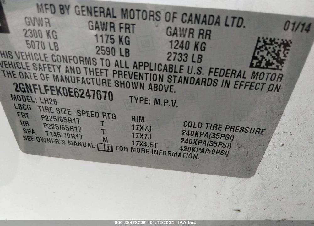 2014 CHEVROLET EQUINOX 1LT VIN: 2GNFLFEK0E6247670