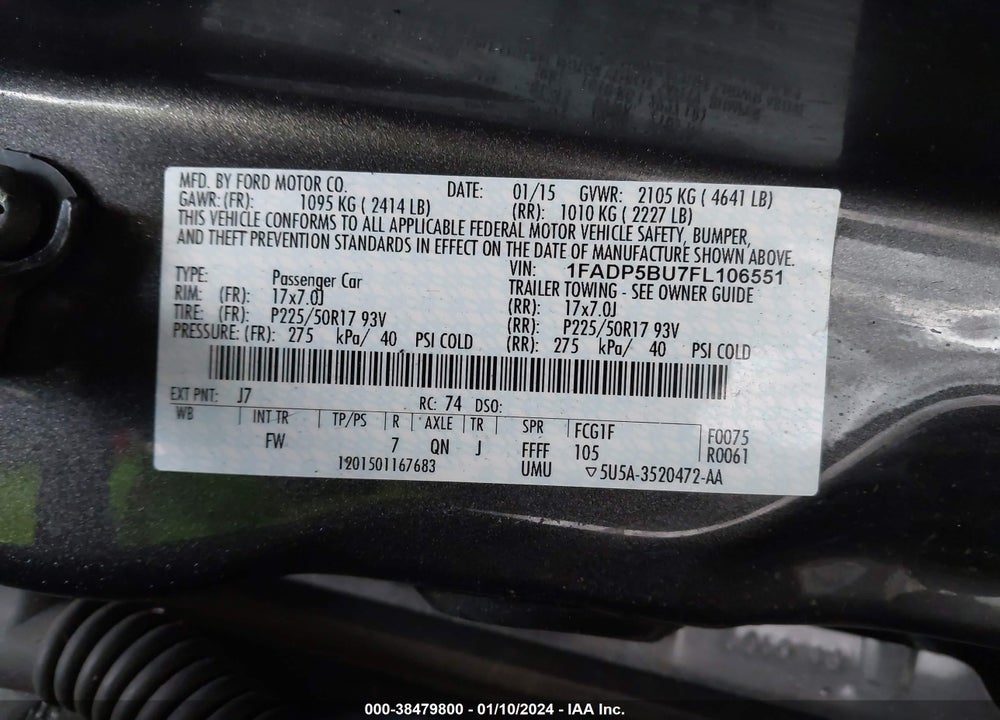 2015 FORD C-MAX HYBRID SEL VIN: 1FADP5BU7FL106551