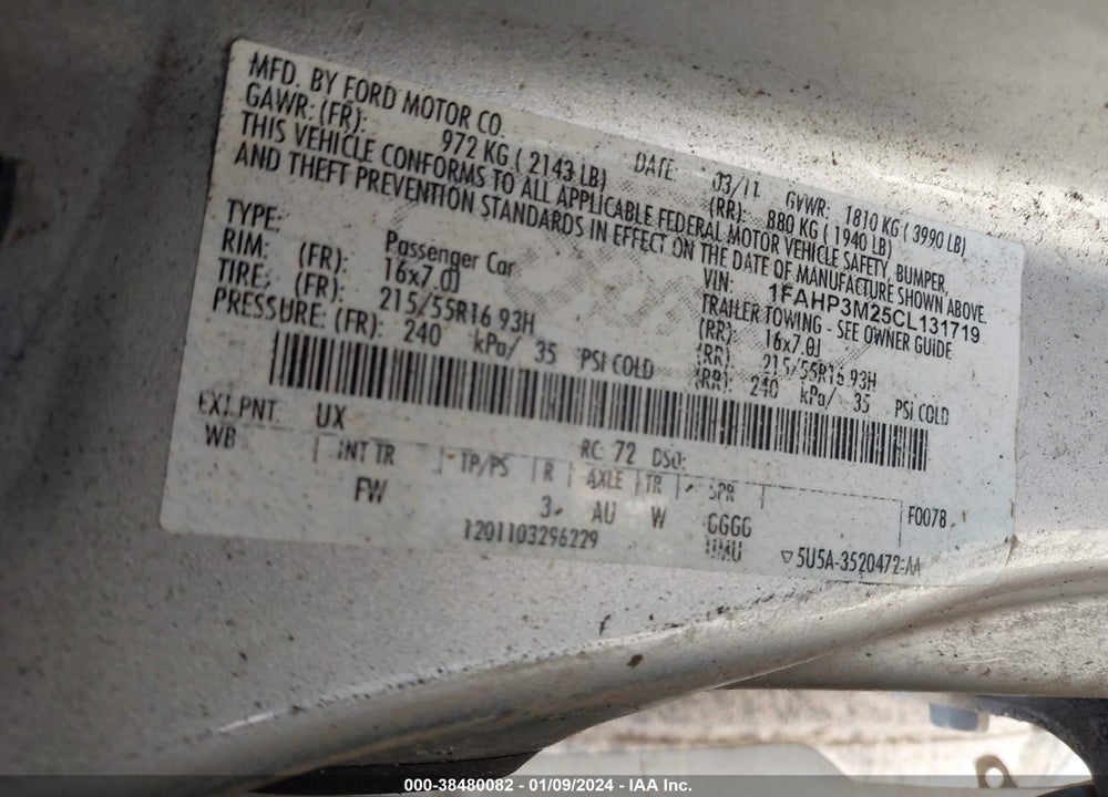 2012 FORD FOCUS SEL VIN: 1FAHP3M25CL131719