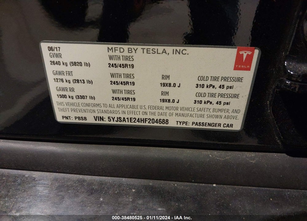 2017 TESLA MODEL S 100D/60D/75D/90D/P100D VIN: 5YJSA1E24HF204688