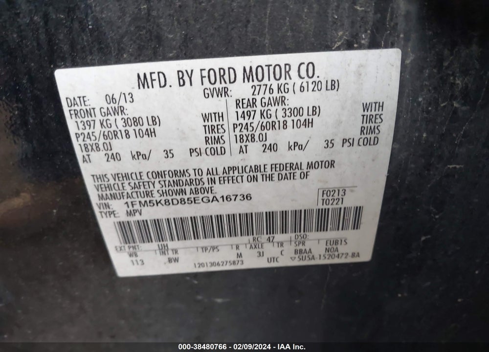 2014 FORD EXPLORER XLT VIN: 1FM5K8D85EGA16736