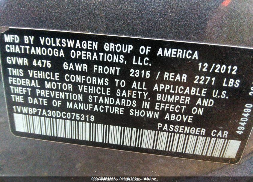 2013 VOLKSWAGEN PASSAT 2.5L SE VIN: 1VWBP7A30DC075319