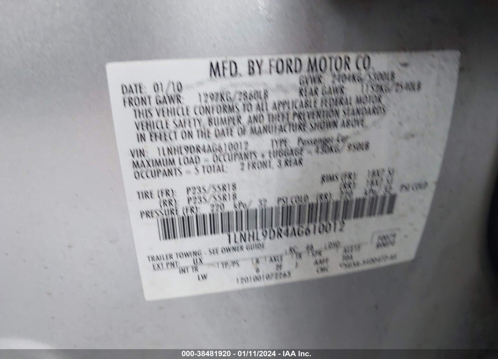 2010 LINCOLN MKS VIN: 1LNHL9DR4AG610012