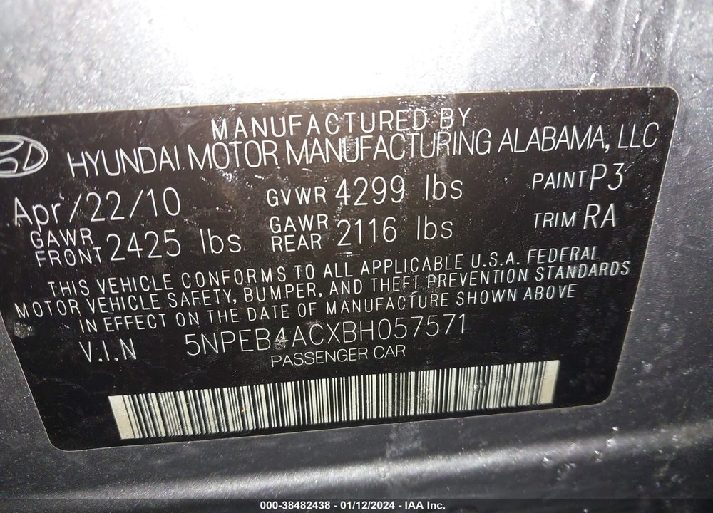 2011 HYUNDAI SONATA GLS VIN: 5NPEB4ACXBH057571