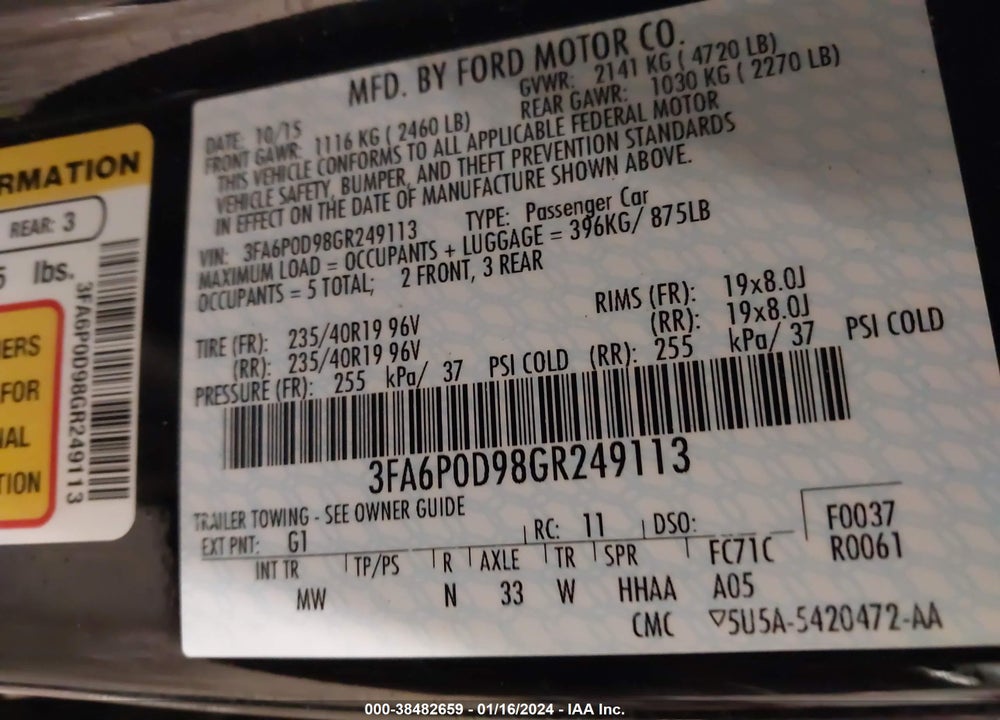 2016 FORD FUSION TITANIUM VIN: 3FA6P0D98GR249113