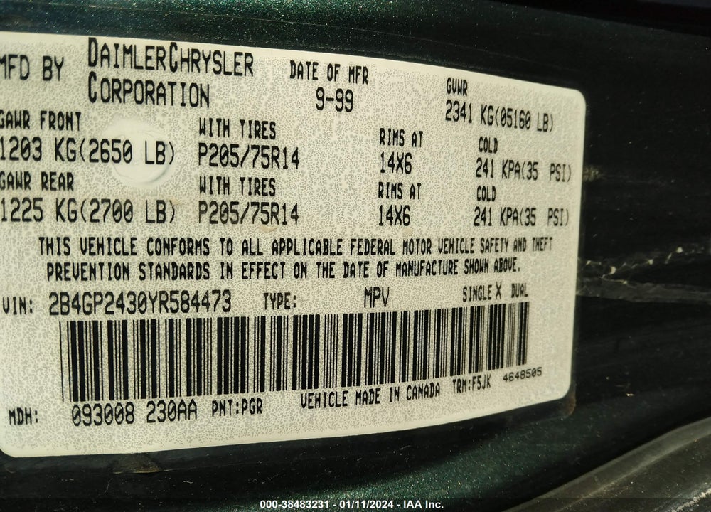 2000 DODGE GRAND CARAVAN VIN: 2B4GP2430YR584473
