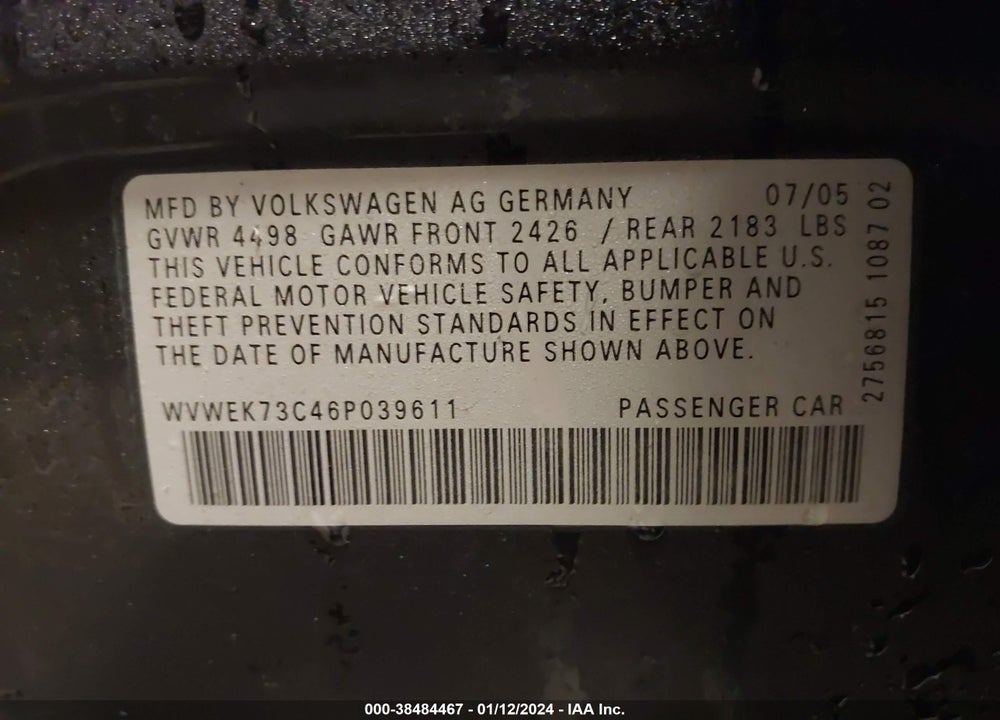 2006 VOLKSWAGEN PASSAT 2.0T VIN: WVWEK73C46P039611