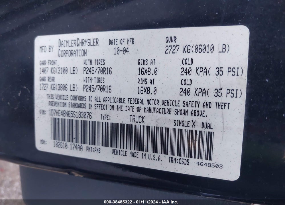 2005 DODGE DAKOTA SLT VIN: 1D7HE48N65S183076