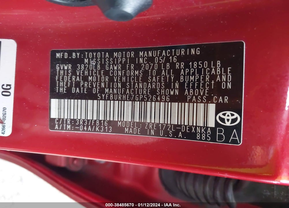 2016 TOYOTA COROLLA LE VIN: 5YFBURHE7GP526496