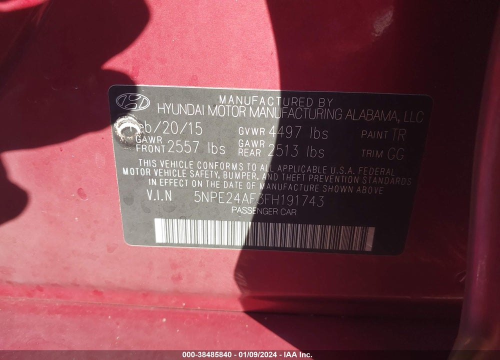 2015 HYUNDAI SONATA SE VIN: 5NPE24AF3FH191743