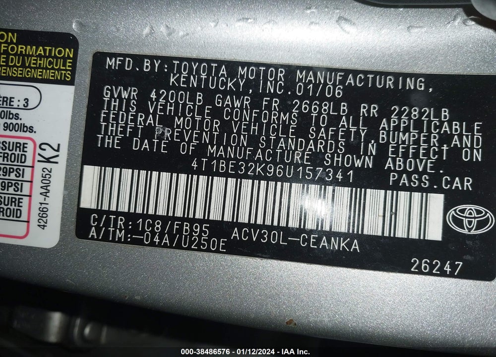 2006 TOYOTA CAMRY LE VIN: 4T1BE32K96U157341