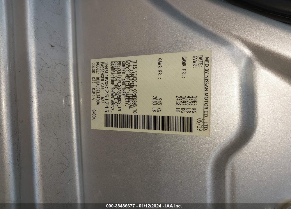 2019 NISSAN ALTIMA 2.5 S VIN: 1N4BL4BVXKC251745
