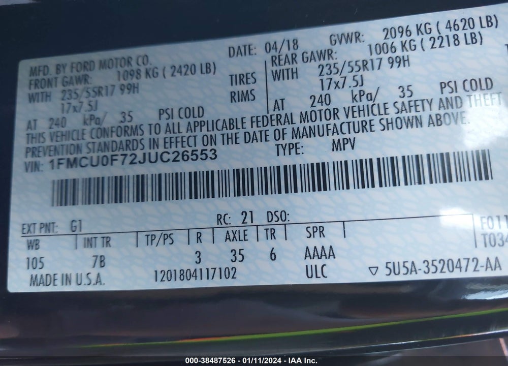 2018 FORD ESCAPE S VIN: 1FMCU0F72JUC26553